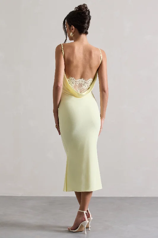 Mermaid - Style Women Dress with a Fitted Silhouette for Special OccasionsAddison | Lemon Cowl-Neck Open-Back Midi Dress With Lace