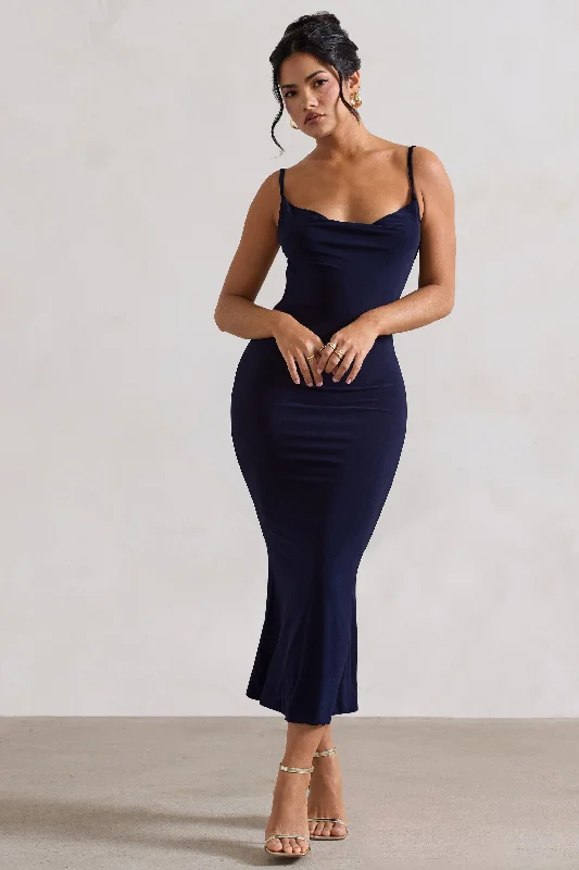 Pleated Women Dress with a Timeless and Elegant TextureAddison | Navy Cowl-Neck Open-Back Midi Dress With Lace