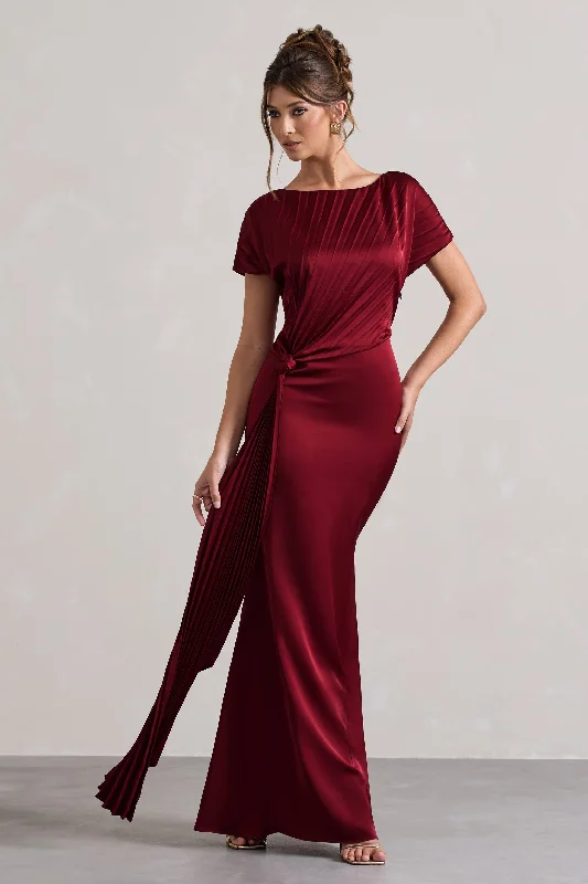 Ruffled Women Dress with Multiple Layers for a Playful and Girly StyleAmbrosia | Berry Satin Pleated Maxi Dress With Drape