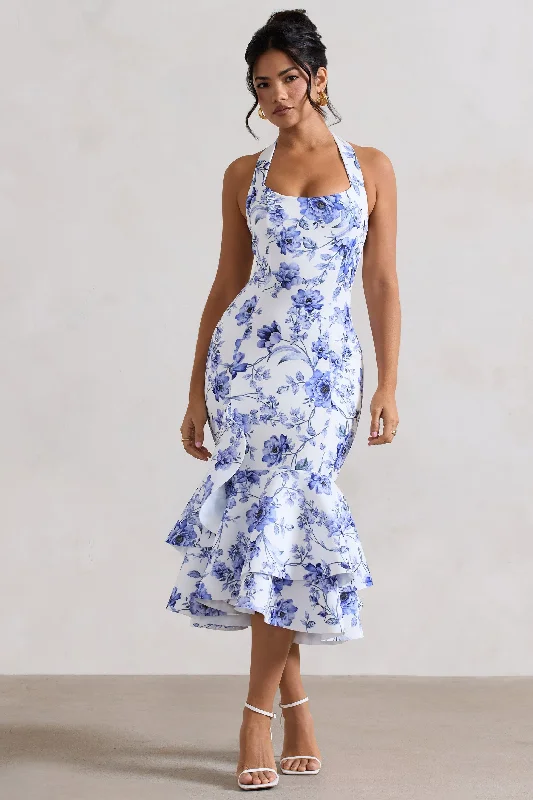 Halter Neck Women Dress to Show Off the Shoulders and NecklineArla | Blue Floral Halter-Neck Ruffle Trim Midi Dress