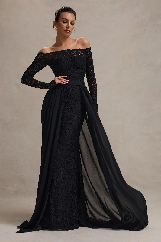 Backless Women Dress for a Sexy and Alluring Look at Evening EventsAstoria | Black Lace Bardot Maxi Dress With Chiffon Skirt