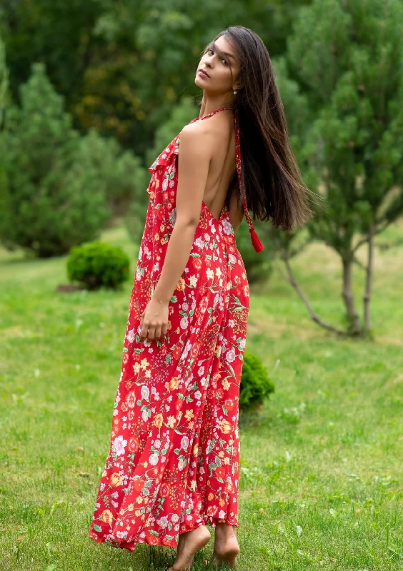 Halter Neck Women Dress to Show Off the Shoulders and NecklineBianca Mix Flowers Red Dress