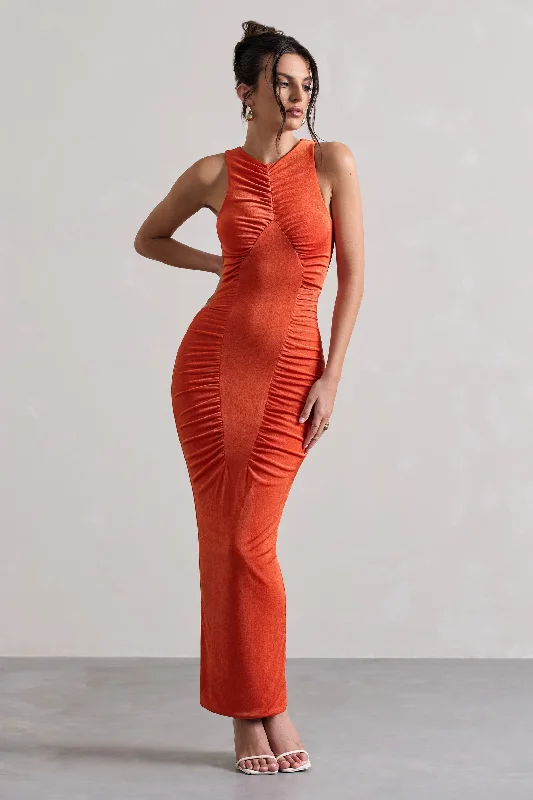 Empire Waist Women Dress to Accentuate the Bust and Conceal the WaistBombshell | Orange High Neck Diamond Ruched Maxi Dress