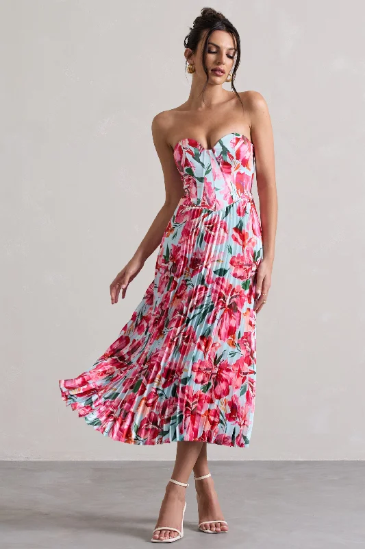 Backless Women Dress for a Sexy and Alluring Look at Evening EventsBordeaux | Mint Floral Print Satin Corset Style Midi Dress