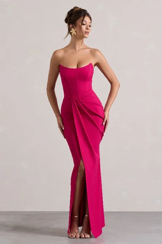 Ruffled Women Dress with Multiple Layers for a Playful and Girly StyleBrigitte | Hot Pink Strapless Corset Wrap Maxi Dress