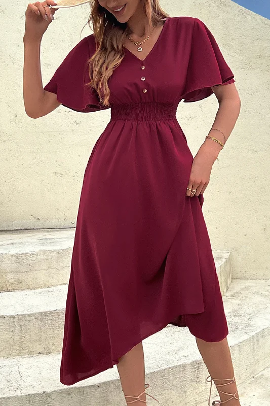 Maxi Women Dress with Floral Print for a Bohemian VibeBurgundy Flutter Sleeve V-Neck Summer Dress