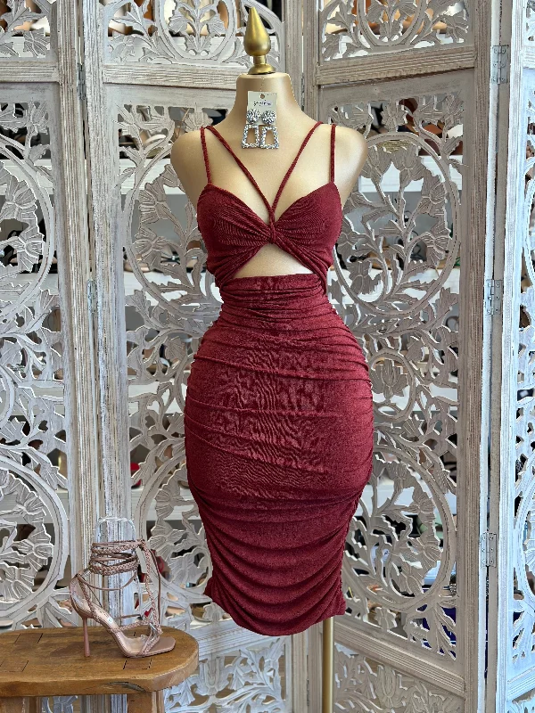 Pleated Women Dress with a Timeless and Elegant TextureBurgundy Strappy Mini Dress