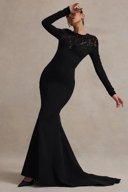 Off - the - Shoulder Women Dress for a Romantic and Feminine LookCampbell | Black Long-Sleeve Maxi Dress With Lace Detail