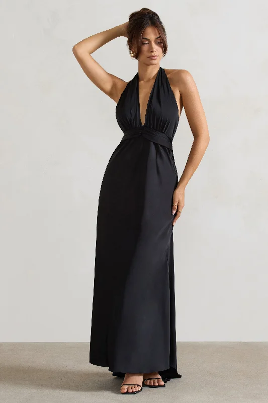 Halter Neck Women Dress to Show Off the Shoulders and NecklineCarolyn | Black Satin Plunge Maxi Dress With Dipped Hem