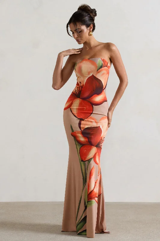 Backless Women Dress for a Sexy and Alluring Look at Evening EventsCeremony | Orange and Mocha Floral Bandeau Fishtail Maxi Dress