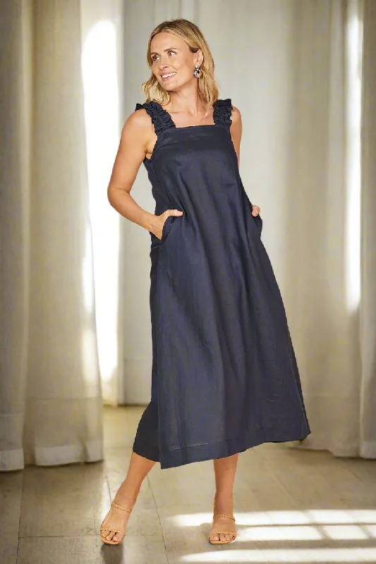 Off - the - Shoulder Women Dress for a Romantic and Feminine LookClaire Maxi Linen Dress in Navy