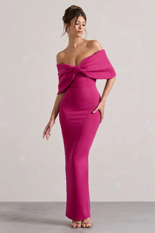 Plus Size Women Dress with a Flattering A - Line Cut for Comfort and StyleCornelia | Hot Pink Strapless Maxi Dress With Oversized Bow