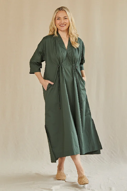 Sheath Women Dress with a Tailored Fit for a Professional LookFinley Poplin Kaftan Dress in Bottle Green