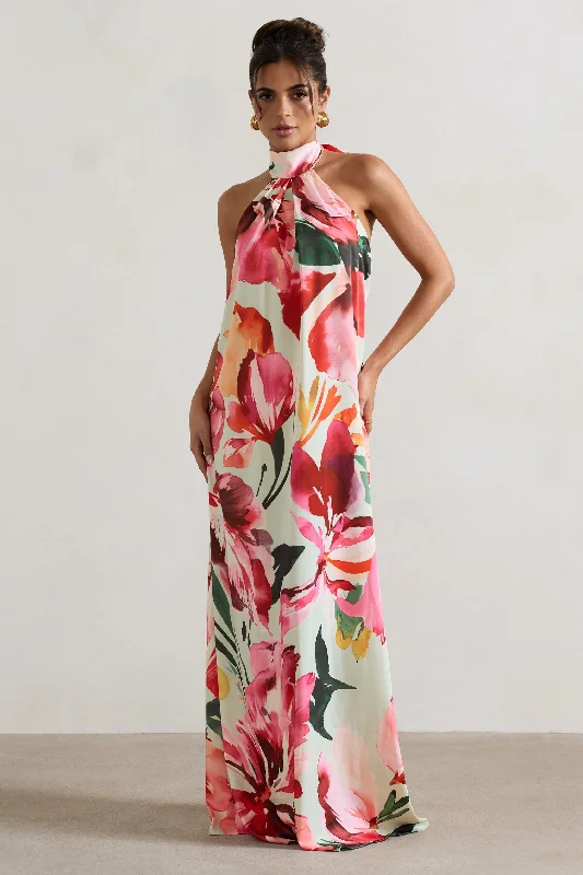 Off - the - Shoulder Women Dress for a Romantic and Feminine LookGloriana | Mint Floral Print Satin High-Neck Maxi Dress