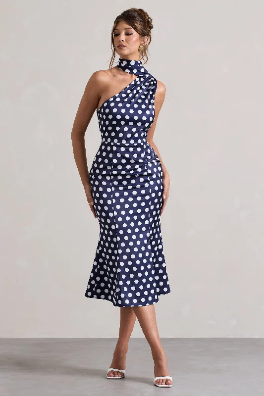 Plus Size Women Dress with a Flattering A - Line Cut for Comfort and StyleGolden Girl | Navy Polka Dot Asymmetric High-Neck Flared Midi Dress