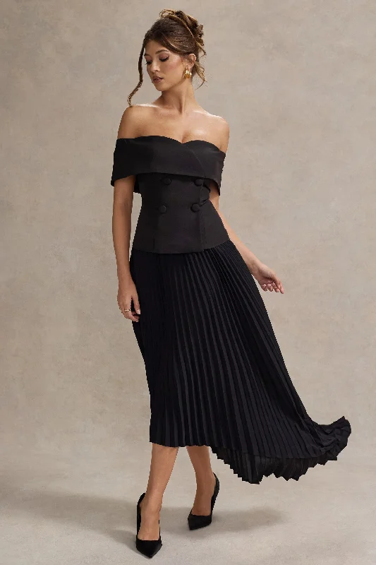 Empire Waist Women Dress to Accentuate the Bust and Conceal the WaistHattie | Black Bardot Tailored Maxi Dress With Plisse Skirt