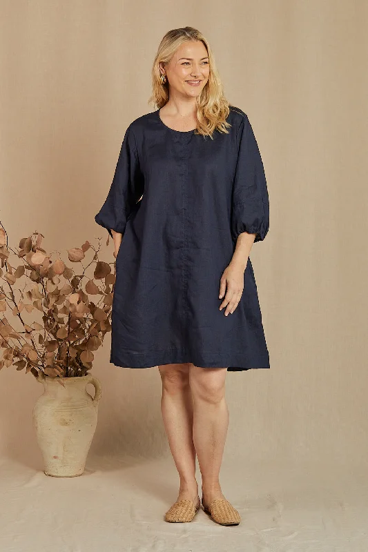 Mini Women Dress with a Short Hem for a Young and Trendy StyleHazel Short Linen Shift Dress in Navy