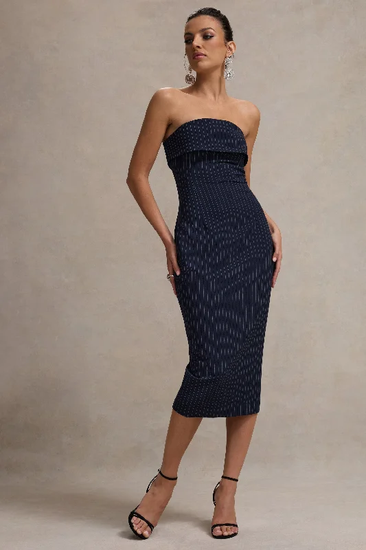 Wrap - Style Women Dress with Adjustable Fit for All Body TypesHighway | Navy Pinstripe Strapless Midi Dress