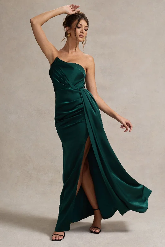 Pleated Women Dress with a Timeless and Elegant TextureHollywood | Bottle Green Satin Strapless Draped Maxi Dress