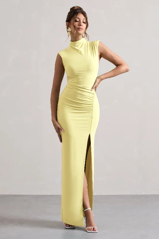 Sheath Women Dress with a Tailored Fit for a Professional LookLanetta | Lemon Ruched High-Neck Maxi Dress With Split