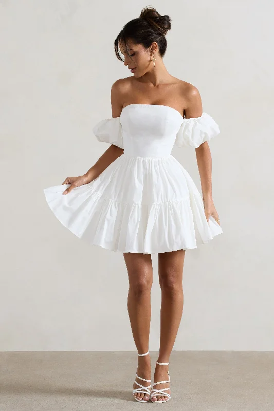 Strapless Women Dress with a Built - in Bra for Comfort and SupportLani | White Poplin Bardot Tiered Mini Dress With Puff Sleeves