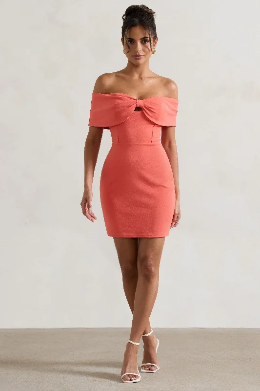 Lace - Embellished Women Dress for an Elegant and Sophisticated AppearanceMegan | Coral Bow Bardot Mini Dress