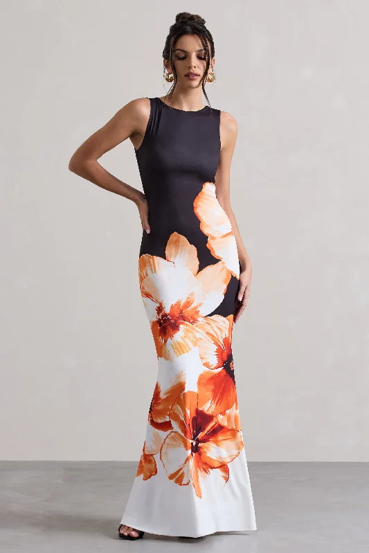 Printed Abstract Women Dress for a Modern and Artistic AppealMicah | Black & Orange Floral Print Racer-Neck Maxi Dress