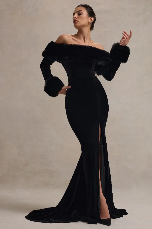 Empire Waist Women Dress to Accentuate the Bust and Conceal the WaistMystique | Black Bardot Split Maxi Dress With Fur Trims