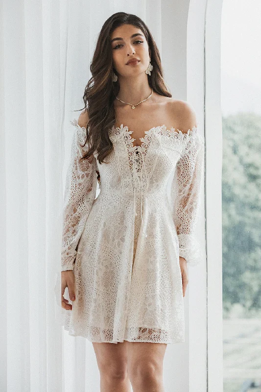 Pleated Women Dress with a Timeless and Elegant TextureElegant Off the Shoulder Lace White Graduation Dress with Long Sleeves