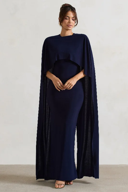 Plus Size Women Dress with a Flattering A - Line Cut for Comfort and StylePadma | Navy Draped Maxi Dress With Cape Sleeves