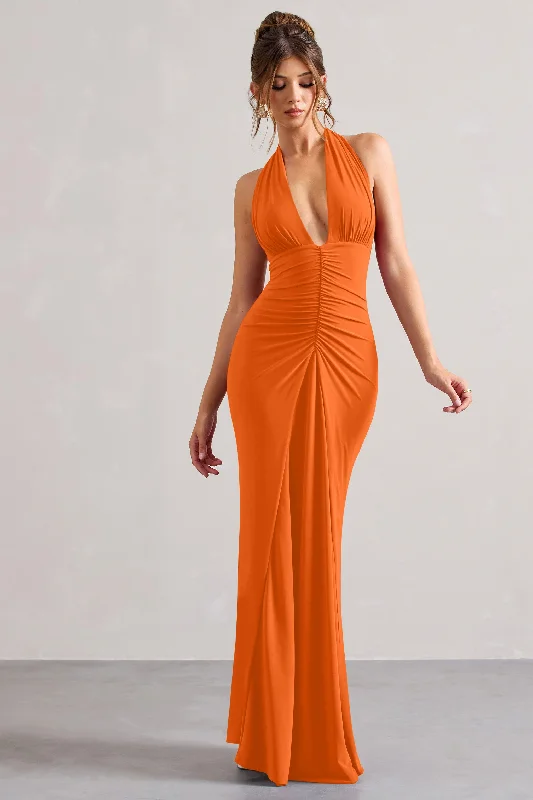 Ball Gown Women Dress with a Full Skirt for a Princess - like LookPayton | Orange Ruched Halter-Neck Maxi Dress