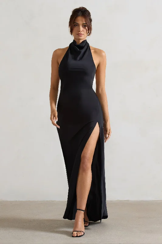 Long - Sleeve Women Dress in Velvet for a Luxurious Winter LookPriero | Black Cowl Halter-Neck Open Back Maxi Dress