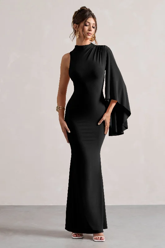 Sleeveless Women Dress in Bright Colors for Summer PartiesSamaya | Black High-Neck Cape-Sleeve Maxi Dress