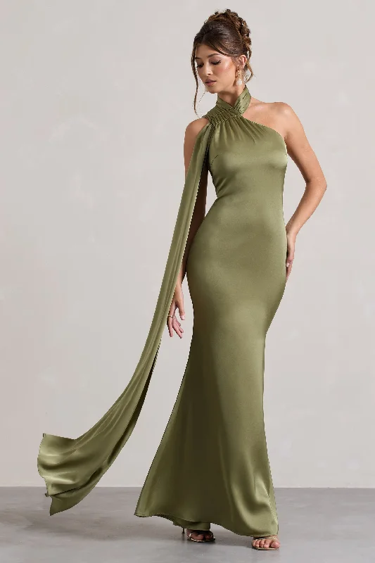 Shift Women Dress with a Simple and Classic Design for Everyday WearSancia | Olive Satin Asymmetric Maxi Dress With Sash