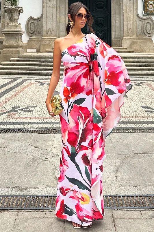 Plus Size Women Dress with a Flattering A - Line Cut for Comfort and StyleSarita | Pink Floral Print One-Shoulder Cape Sleeve Maxi Dress