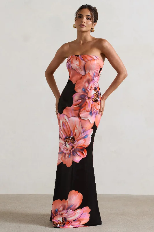 Off - the - Shoulder Women Dress for a Romantic and Feminine LookSofiane | Black & Pink Floral Print Bandeau Maxi Dress