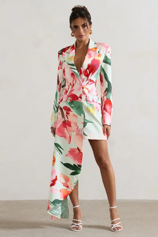 Strapless Women Dress with a Built - in Bra for Comfort and SupportSpiral | Mint Floral Tailored Blazer Mini Dress With Asymmetric Hem