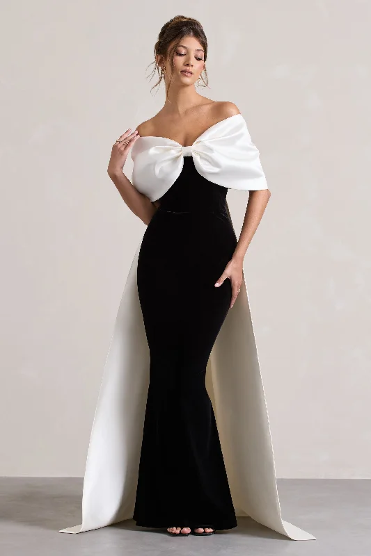 Pleated Women Dress with a Timeless and Elegant TextureWanting More | Black & White Satin Cape Maxi Dress With Oversized Bow