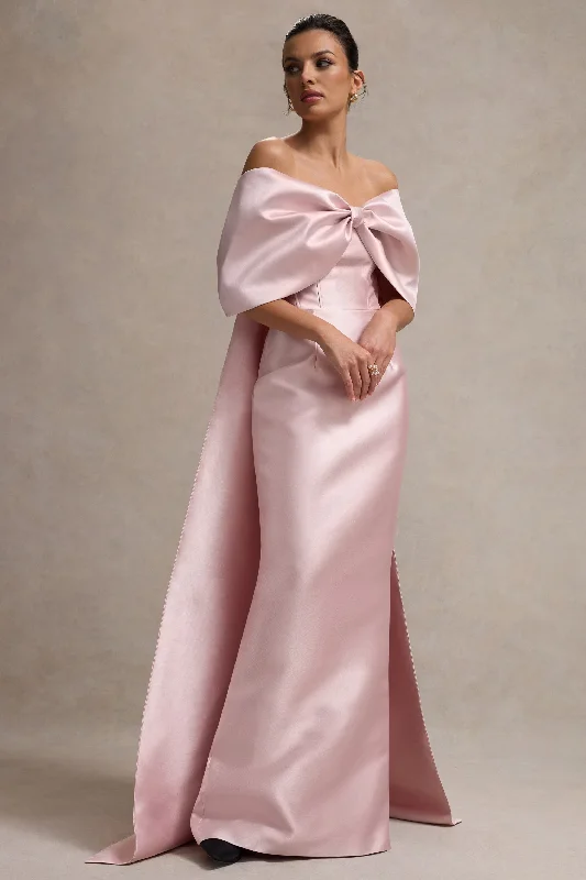 Empire Waist Women Dress to Accentuate the Bust and Conceal the WaistWanting More | Pink Satin Cape Maxi Dress With Oversized Bow