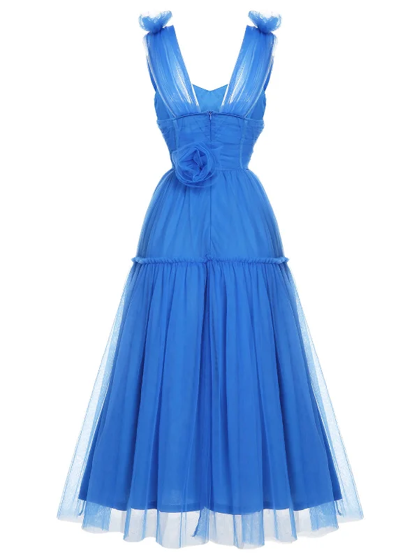 Maxi Women Dress with Floral Print for a Bohemian Vibe1950S Blue Solid Mesh Sleeveless Dress