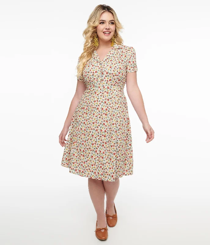 Long - Sleeve Women Dress in Velvet for a Luxurious Winter Look1950s Cream & Multicolor Floral Fit & Flare Dress