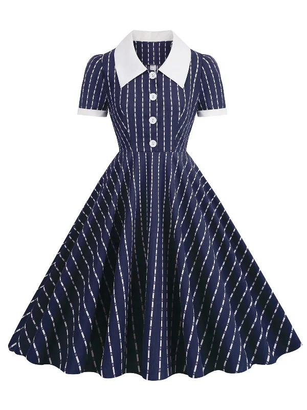 Strapless Women Dress with a Built - in Bra for Comfort and Support1950s Lapel Vertical Stripes Swing Dress