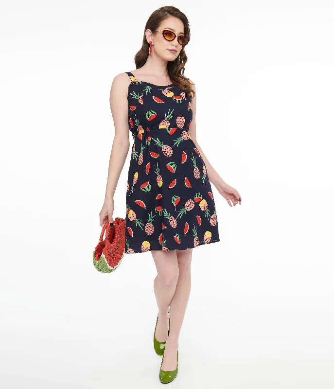 Ruffled Women Dress with Multiple Layers for a Playful and Girly Style1950s Navy Fruit Print Fit & Flare Dress