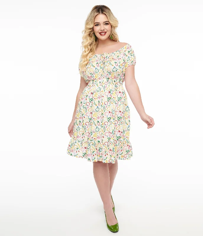 Empire Waist Women Dress to Accentuate the Bust and Conceal the Waist1950s White & Rainbow Fruit Print Fit & Flare Dress