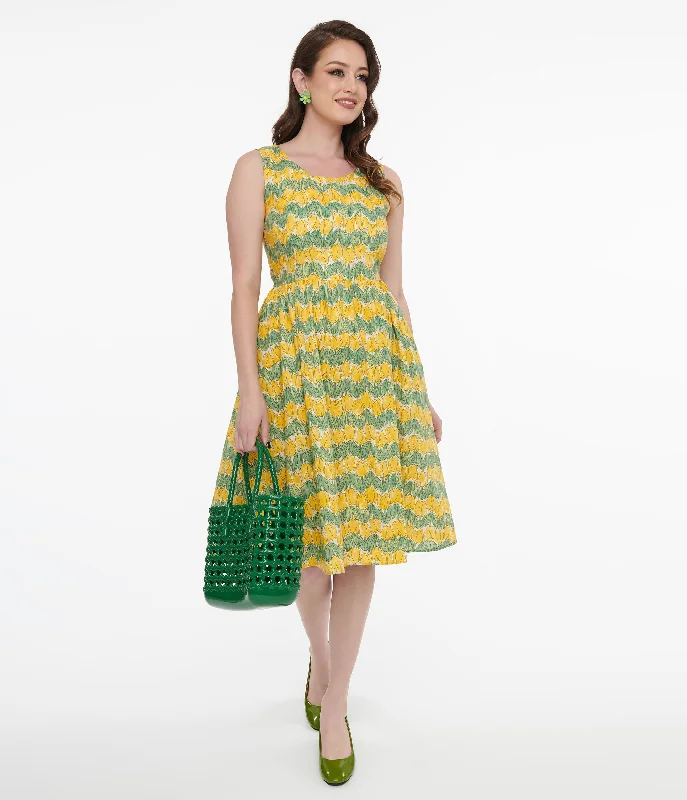 Maxi Women Dress with Floral Print for a Bohemian Vibe1950s Yellow Tulip Fit & Flare Dress