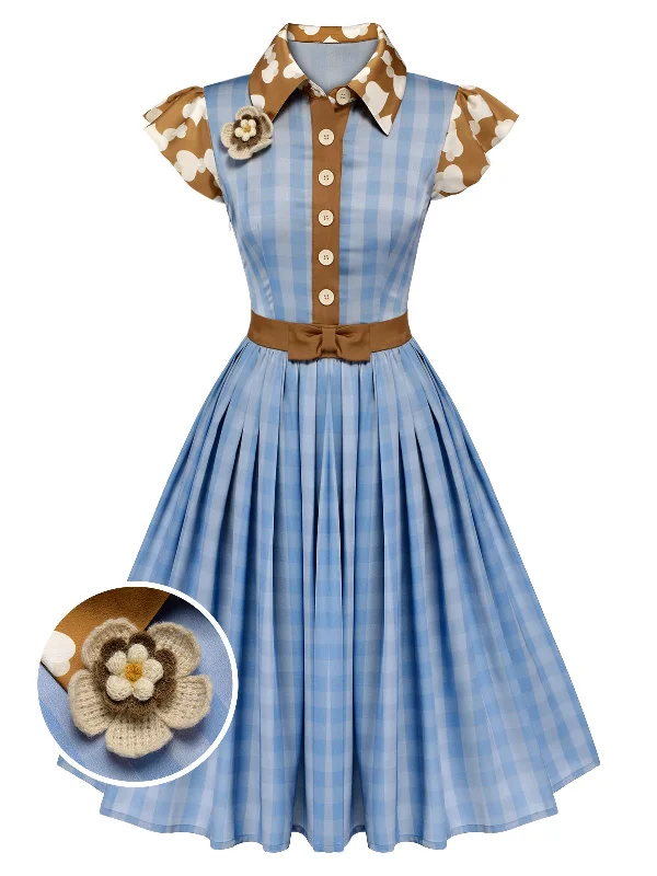 Plus Size Women Dress with a Flattering A - Line Cut for Comfort and StyleBlue 1950s Lapel Bow Decor Plaids Patchwork Dress