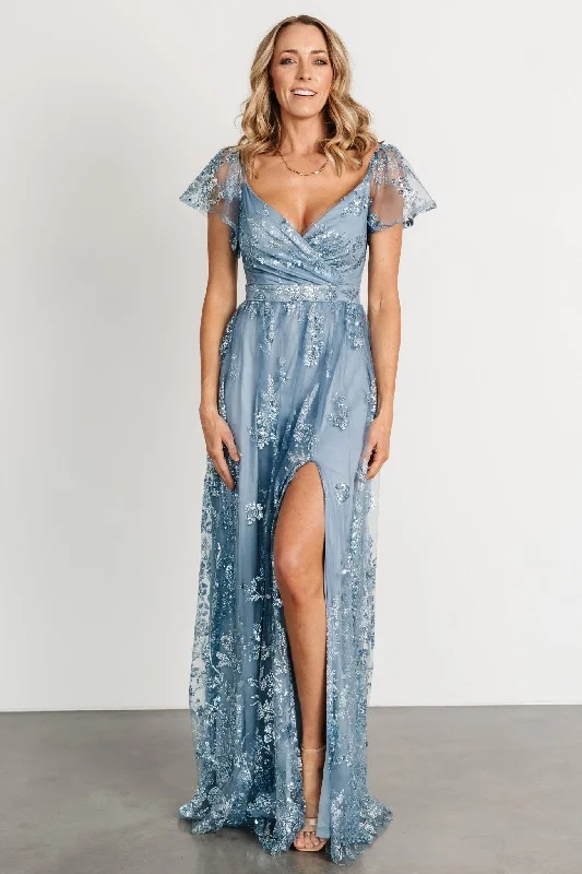 Wrap - Style Women Dress with Adjustable Fit for All Body TypesCorinne Shimmer Maxi Gown | Slate Blue