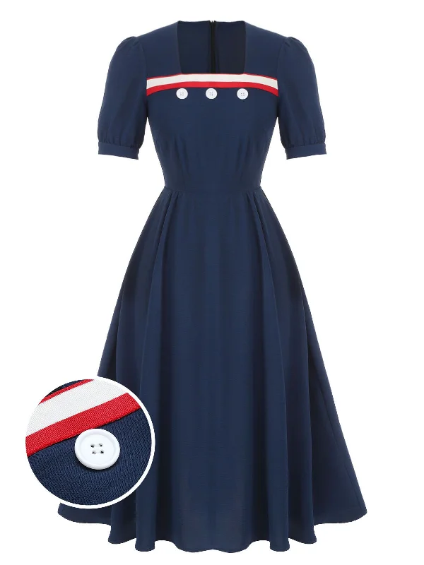 Wrap - Style Women Dress with Adjustable Fit for All Body TypesDark Blue 1930s Square Neck Button Puff Dress