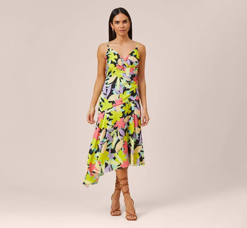 Printed Abstract Women Dress for a Modern and Artistic AppealFloral-Print Asymmetrical Midi-Length Cocktail Dress In Coral Multi