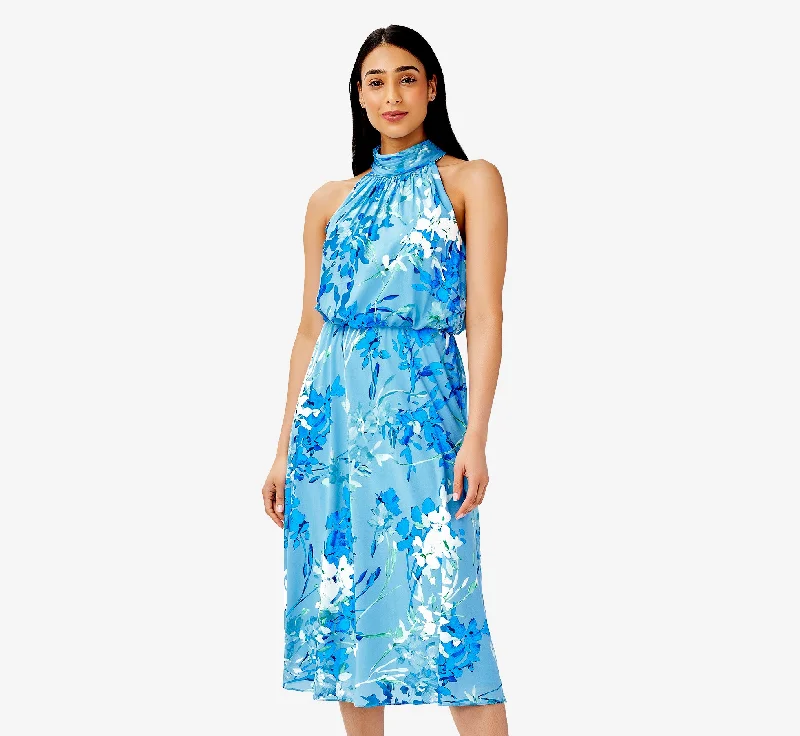 Backless Women Dress for a Sexy and Alluring Look at Evening EventsFloral-Print Mock Neck Midi-Length Chiffon Blouson Halter Dress In Peri Multi